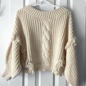 88 - White Closet Boho Puffy Sleeve Cropped Knit Sweater With Fringe